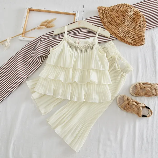 Children's Sets Tops Sleeveless Pullover Tiered Wide Leg Pants Loose Straight Cotton New Korean Sweet Fashion Designable Girls