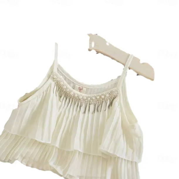 Children's Sets Tops Sleeveless Pullover Tiered Wide Leg Pants Loose Straight Cotton New Korean Sweet Fashion Designable Girls