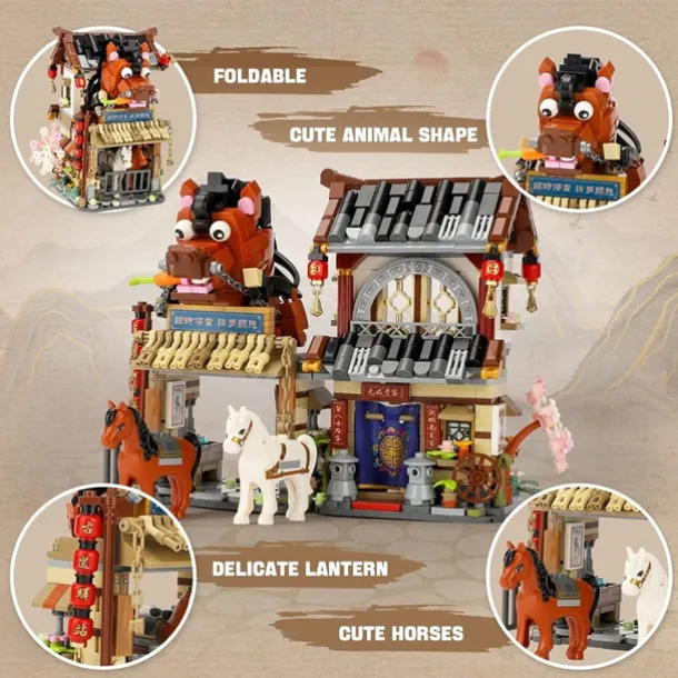 Chinese Street View Ancient Post Station Mini Building Blocks Building Toys Model Set for Girls Boys 6-12 Years Old 997 PCS Simulation Architecture Construction Toy Gift Idea for Adults