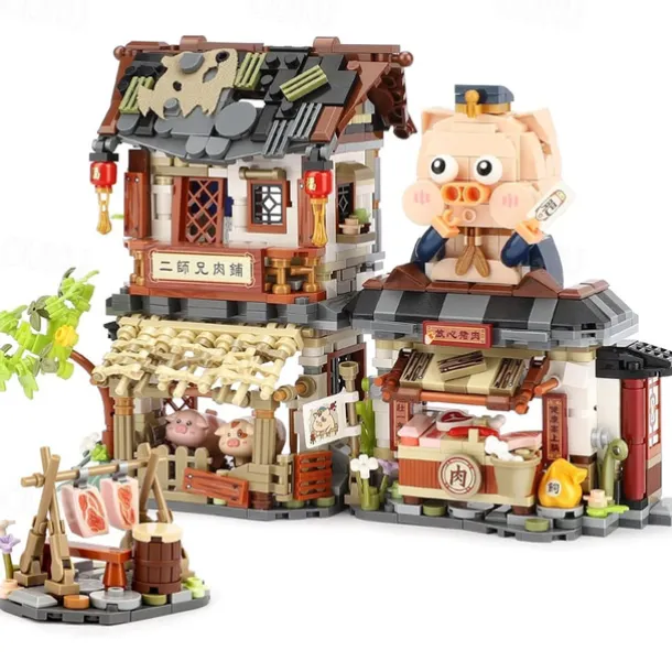 Chinese Street View Butcher Shop Mini Building Blocks MOC Creative Building Toys Model Set for Girls 6-12 Years Old 1105 PCS Simulation Architecture Construction Toy