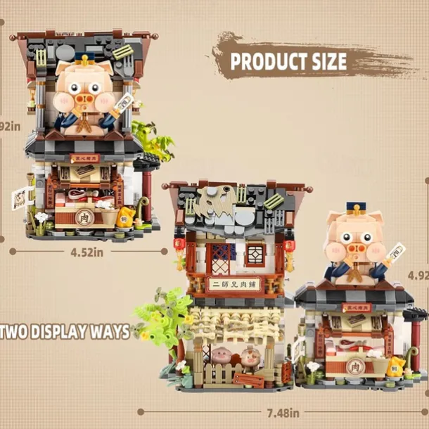 Chinese Street View Butcher Shop Mini Building Blocks MOC Creative Building Toys Model Set for Girls 6-12 Years Old 1105 PCS Simulation Architecture Construction Toy