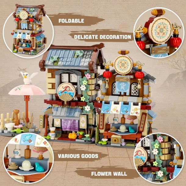 Chinese Street View Grocery Store Mini Building Blocks MOC Creative Building Toys Model Set for Girls 6-12 Years Old 970 PCS Simulation Architecture Construction Toy Gift Idea for Adults