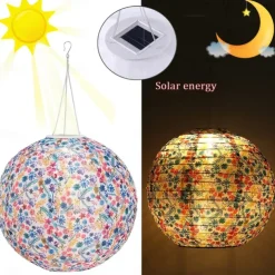 Chinese Style Globe Light Outdoor Solar Power 12inch 30CM Printed Lantern Hanging Lamp IP65 Waterproof Nylon LED Light For Outdoor Garden Party Yard Warm White Decoration Lighting