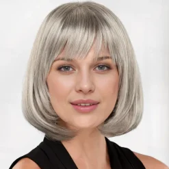 Chin-Length Bob Wig with Natural Looking Crown and Flirty Bangs/Multi-tonal Shades of Blonde Silver Brown and Red