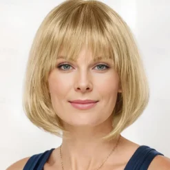 Chin-Length Bob Wig with Natural Looking Crown and Flirty Bangs/Multi-tonal Shades of Blonde Silver Brown and Red