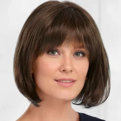 Chin-Length Bob Wig with Natural Looking Crown and Flirty Bangs/Multi-tonal Shades of Blonde Silver Brown and Red