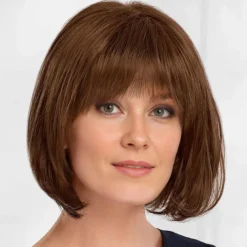 Chin-Length Bob Wig with Natural Looking Crown and Flirty Bangs/Multi-tonal Shades of Blonde Silver Brown and Red