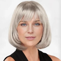 Chin-Length Bob Wig with Natural Looking Crown and Flirty Bangs/Multi-tonal Shades of Blonde Silver Brown and Red