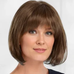 Chin-Length Bob Wig with Natural Looking Crown and Flirty Bangs/Multi-tonal Shades of Blonde Silver Brown and Red