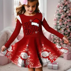Christmas Girls' 3D Snowman Snowflake Christmas Dress Snowflake Dress Ruffle Dress Long Sleeve 3D Print Fall Winter Sports & Outdoor Daily Holiday Cute Casual Beautiful Kids 3-12 Years Casual Dress A