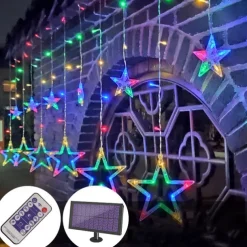Christmas Lights Outdoor Solar LED String Light Curtain Light Waterproof 3.5M Fairy Decoration Star Atmosphere Lighting for Wedding Garden Patio Yard Decor Colorful Lamp with Remote Controller