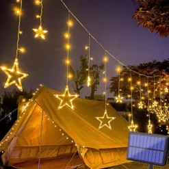 Christmas Lights Outdoor Solar LED String Light Curtain Light Waterproof 3.5M Fairy Decoration Star Atmosphere Lighting for Wedding Garden Patio Yard Decor Colorful Lamp with Remote Controller
