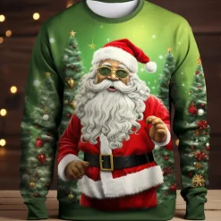 Christmas Men's Graphic Santa Claus T shirt Long Sleeve T shirt 3D Print Crew Neck Shirt Fashion Designer Casual Sports Outdoor Holiday Going out Light Green Red Dark Green Spring & Fall Clothing