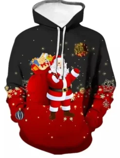 Christmas Men's Santa Claus 3D Hoodies Unisex Pullover Wine Red Custom Print Black White Red Hooded Santa Claus Graphic Prints Print Daily Sports 3D Print Designer Casual Big and Tall Spring & Fall