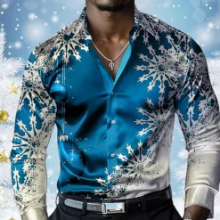 Christmas Men's Snowflake Satin Shirt Dress Shirt Button Up Shirt Long Sleeve Casual Vacation Party Evening Wear Dailywear Summer Spring Fall Collared Shirts 3D Print Yellow Red Blue Purple Green