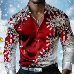 Christmas Men's Snowflake Satin Shirt Dress Shirt Button Up Shirt Long Sleeve Casual Vacation Party Evening Wear Dailywear Summer Spring Fall Collared Shirts 3D Print Yellow Red Blue Purple Green