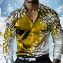 Christmas Men's Snowflake Satin Shirt Dress Shirt Button Up Shirt Long Sleeve Casual Vacation Party Evening Wear Dailywear Summer Spring Fall Collared Shirts 3D Print Yellow Red Blue Purple Green