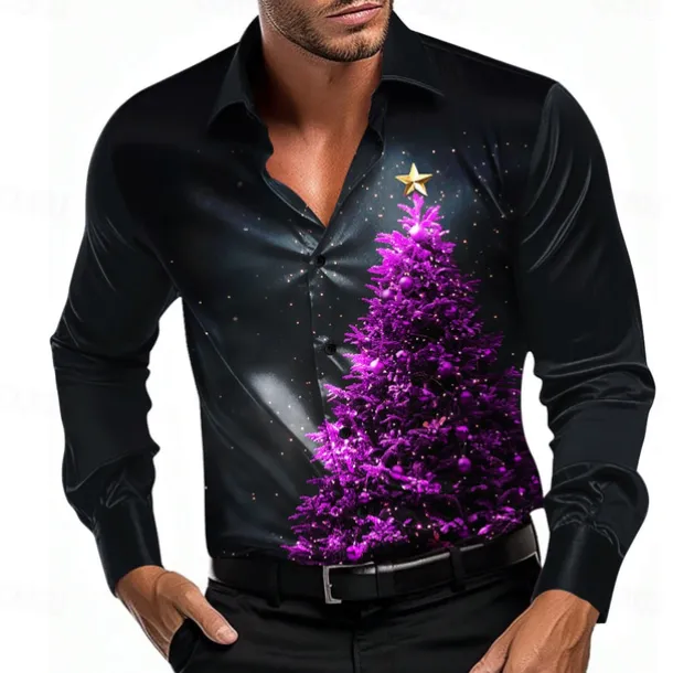 Christmas Men's Tree Shirt Dress Shirt Button Up Shirt Long Sleeve Casual Fashion Casual Vacation Party Evening Wear Dailywear Summer Spring Fall Collared Shirts 3D Print Light Blue Black Blue Purple