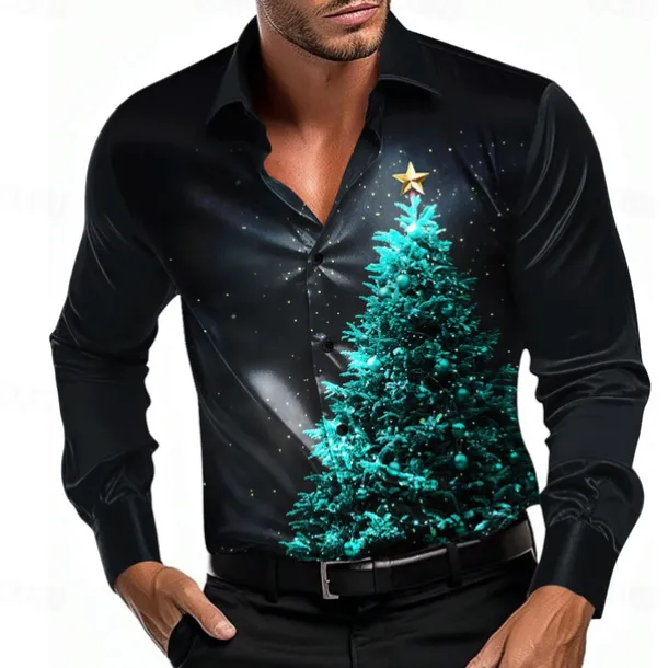 Christmas Men's Tree Shirt Dress Shirt Button Up Shirt Long Sleeve Casual Fashion Casual Vacation Party Evening Wear Dailywear Summer Spring Fall Collared Shirts 3D Print Light Blue Black Blue Purple