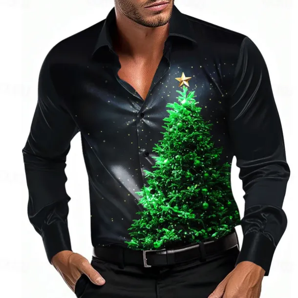 Christmas Men's Tree Shirt Dress Shirt Button Up Shirt Long Sleeve Casual Fashion Casual Vacation Party Evening Wear Dailywear Summer Spring Fall Collared Shirts 3D Print Light Blue Black Blue Purple
