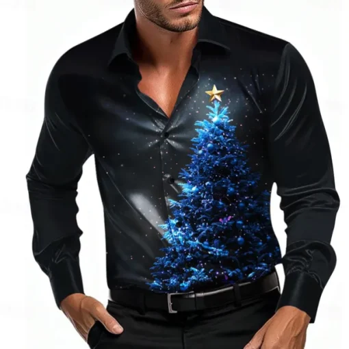 Christmas Men's Tree Shirt Dress Shirt Button Up Shirt Long Sleeve Casual Fashion Casual Vacation Party Evening Wear Dailywear Summer Spring Fall Collared Shirts 3D Print Light Blue Black Blue Purple