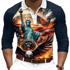 Christmas Men's USA Statue Of Liberty Polo Shirts Golf Polos Shirts Long Sleeve Polo Shirts Collar Casual Vacation Street Dailywear Buttons 3D Print Spring & Summer Dark Blue