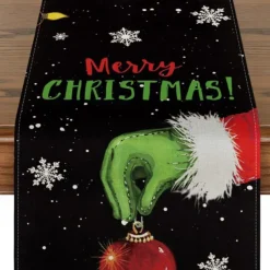 Christmas Snowman Merry Table Runner, Seasonal Winter Holiday Kitchen Dining Table Decoration for Indoor Outdoor Home Party Decor Decoration