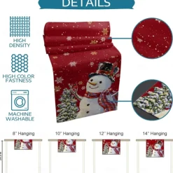 Christmas Snowman Merry Table Runner, Seasonal Winter Holiday Kitchen Dining Table Decoration for Indoor Outdoor Home Party Decor Decoration
