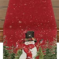 Christmas Snowman Merry Table Runner, Seasonal Winter Holiday Kitchen Dining Table Decoration for Indoor Outdoor Home Party Decor Decoration
