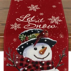 Christmas Snowman Merry Table Runner, Seasonal Winter Holiday Kitchen Dining Table Decoration for Indoor Outdoor Home Party Decor Decoration
