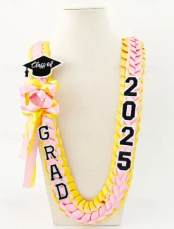Class of 2025 Graduation Wreath - Braided Ribbon Necklace with GRAD Letters and Hat Charm, Handmade Keepsake Gift for High School and College Graduation Ceremony
