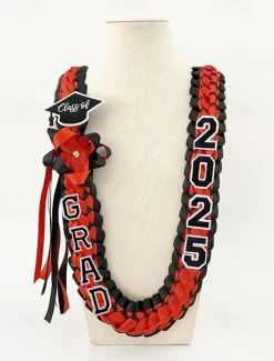 Class of 2025 Graduation Wreath - Braided Ribbon Necklace with GRAD Letters and Hat Charm, Handmade Keepsake Gift for High School and College Graduation Ceremony