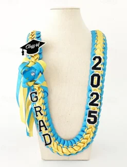 Class of 2025 Graduation Wreath - Braided Ribbon Necklace with GRAD Letters and Hat Charm, Handmade Keepsake Gift for High School and College Graduation Ceremony