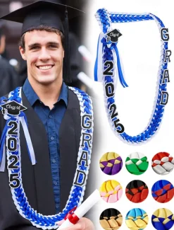 Class of 2025 Graduation Wreath - Braided Ribbon Necklace with GRAD Letters and Hat Charm, Handmade Keepsake Gift for High School and College Graduation Ceremony