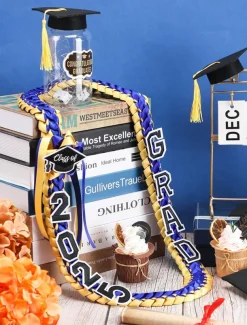 Class of 2025 Graduation Wreath - Braided Ribbon Necklace with GRAD Letters and Hat Charm, Handmade Keepsake Gift for High School and College Graduation Ceremony