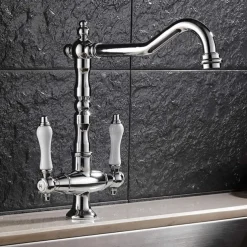 Classic Utility Sink Laundry Chrome Black Faucet, Centerset High Arc Two Ceramic Handles One Hole Wash Basin Tap with Hot and Cold Water Switch, 360 Degree Swivel Spout Commercial Faucet