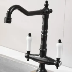 Classic Utility Sink Laundry Chrome Black Faucet, Centerset High Arc Two Ceramic Handles One Hole Wash Basin Tap with Hot and Cold Water Switch, 360 Degree Swivel Spout Commercial Faucet