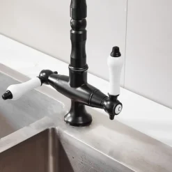 Classic Utility Sink Laundry Chrome Black Faucet, Centerset High Arc Two Ceramic Handles One Hole Wash Basin Tap with Hot and Cold Water Switch, 360 Degree Swivel Spout Commercial Faucet