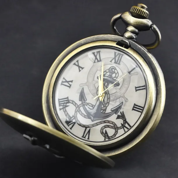 Classic Vintage Large Quartz Pocket Watch Anchor Relief Roman Face Necklace Quartz Pocket Watch
