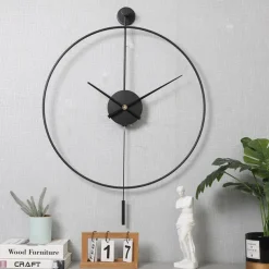 Classical Large Wall Clock with Pendulum Decorative Art Clocks Round Minimalist Modern Clock Non Ticking Silent Metal Wall Clock for Living Room Bedroom Study Office Decoration 50 60 cm