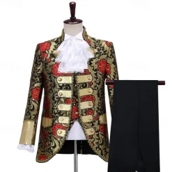 Classical Retro Vintage Rococo Outfits Party Costume Masquerade Corrina victorian Slim Fit Flower / Floral Ball Gown Fancy Dress Men's Halloween Masquerade Masquerade Carnival of Venice Adults Coat