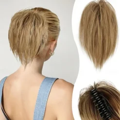 Claw Clip Messy Bun Hair Piece Short Straight Hair Ponytail Bun Extensions Blonde Hair Bun Synthetic Claw Clip on Hairpieces Fake Hair Bun Extensions for Women Girls-Blonde