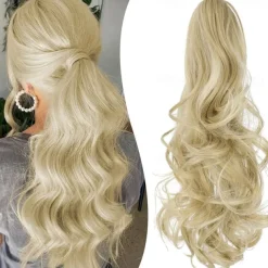 Claw Clip Ponytail Extension 18 Clip in Wavy Ponytail Hair Extensions Long Pony Tails for Women Extensions Ash Blonde Mix Light Bleach Blonde Wave Hairpiece