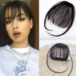 Clip in Bangs - 100% Human Hair Wispy Bangs Clip in Hair Extensions, Black Air Bangs Fringe with Temples Hairpieces for Women Curved Bangs for Daily Wear