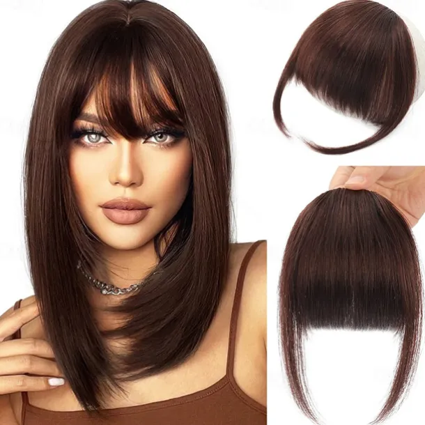 Clip in Bangs for Women 100% Hair Extensions French Bangs Fring with Temples Hairpieces Clip on French Bangs Flat Bangs Clip Curved Bangs for Daily Wear
