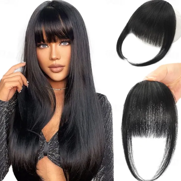 Clip in Bangs for Women 100% Hair Extensions French Bangs Fring with Temples Hairpieces Clip on French Bangs Flat Bangs Clip Curved Bangs for Daily Wear