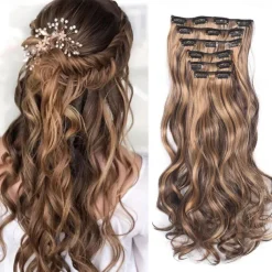 Clip In Hair Extension 20Inch 16 Clips Long Synthetic Hair Heat Resistant Hairpiece Natural Wavy Ombre Hair Piece 6Pcs/Set