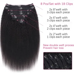 Clip in Hair Extensions Human Hair Kinky Straight Silky Virgin Hair Clip in Full Head 18 Inch Unprocessed Brazilian Remy Human Hair for Black Women 8pcs with 18 Clips 120 Gram Per Set