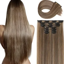 Clip in Hair Extensions 6Pcs 16 Clips Curly Wavy Straight Thick Clip on Synthetic Hair Extension Hairpieces (24 Inch Deep Brown with Dirty Blonde - Straight)