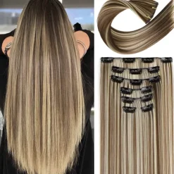Clip in Hair Extensions 6Pcs 16 Clips Curly Wavy Straight Thick Clip on Synthetic Hair Extension Hairpieces (24 Inch Deep Brown with Dirty Blonde - Straight)
